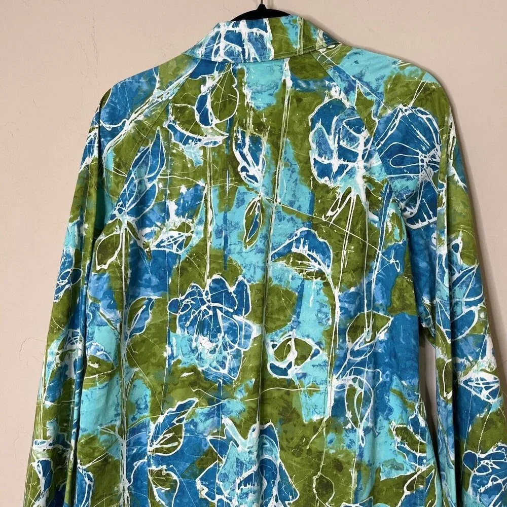 Chico's Women's Artsy Floral Jacket Snap Pockets Lightweight Size 2 L Blue Green
